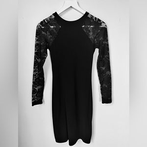 French Connection Black Bodycon Dress with Mesh Sleeves. Size 2